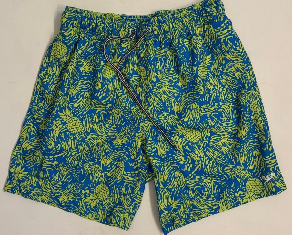 Speedo Men's Blue/Green Pineapple Swim Trunks Lined Sz S Drawstring 7"